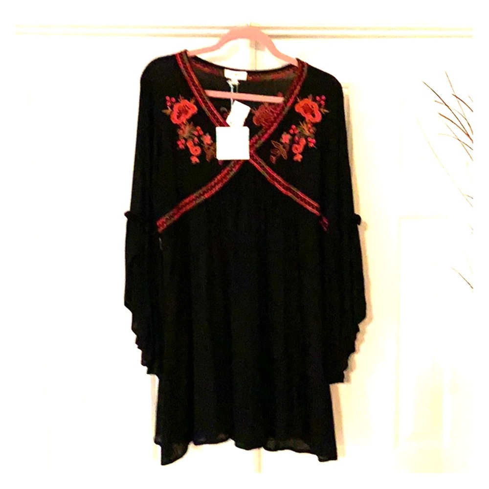 Embroidered Black V-Neck Tunic